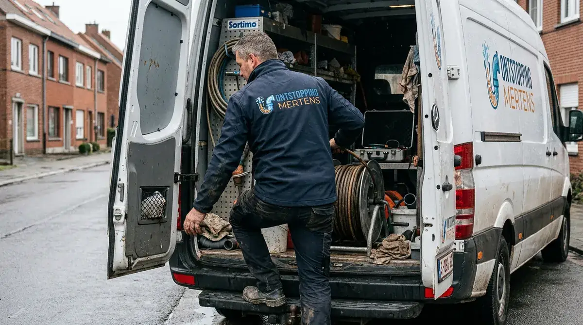 Volledig uitgeruste bestelwagen van Ontstopping Mertens met hogedrukreiniger en gereedschap