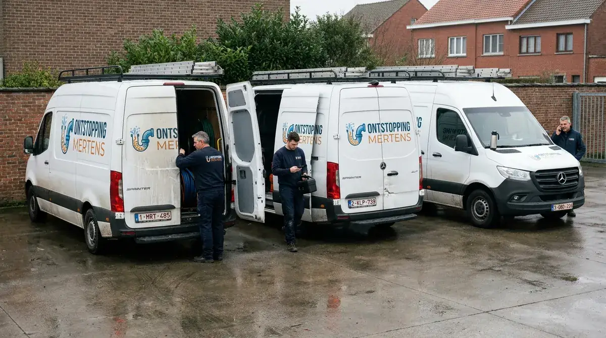 Wagenpark van Ontstopping Mertens, meerdere bestelwagens klaar voor interventies in heel Vlaanderen